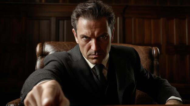 Intense courtroom scene featuring a serious man in a suit pointing during a heated discussion photo