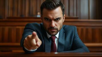 Lawyer passionately addresses the jury during a critical trial in a courtroom setting photo