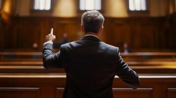 Lawyer presenting arguments in courtroom during trial session before a judge and jury photo