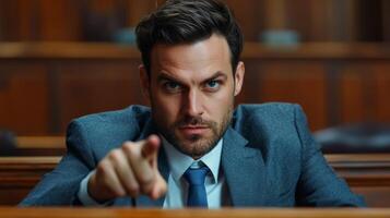 Intense courtroom moment with a serious man addressing the judge and jury during a legal trial in an official setting photo