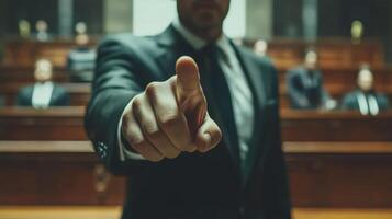 Lawyer gestures emphatically during a courtroom trial near the jury in the late afternoon photo