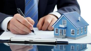 Signing real estate documents with a miniature house at a desk during a formal meeting photo