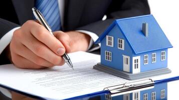Man signing important documents related to property transaction with a small house model on the table photo