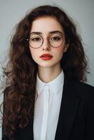 Young woman with curly hair in formal attire poses confidently against a neutral background photo