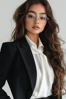 Stylish young woman in professional attire poses confidently with long hair and glasses in a minimalist studio setting photo