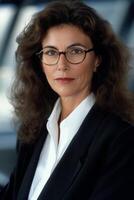 Professional portrait of a woman with glasses in a modern office setting during daytime photo