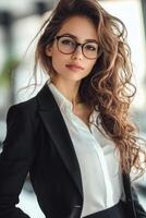 Professional woman in stylish suit with curly hair poses confidently in modern office environment photo