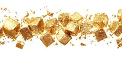 Golden chunks scattered across a bright background showcasing the beauty of precious metal photo