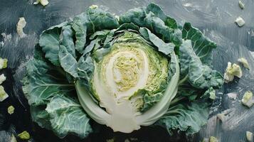 Freshly cut cabbage showcasing vibrant green leaves and crisp interior during a bright kitchen setting photo