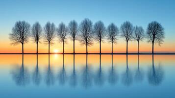 Sunrise reflections on a calm lake with silhouetted trees lining the shoreline photo
