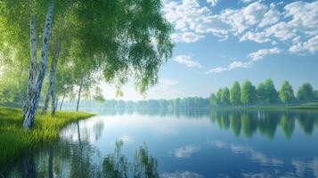 Tranquil lake surrounded by lush greenery under a bright blue sky on a sunny day photo
