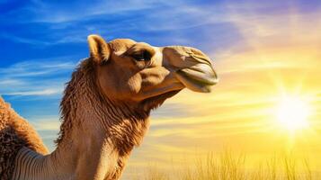 Camel basking in the warm glow of sunrise in a desert landscape with vibrant skies photo