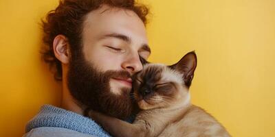 Man enjoys quality time with his cozy cat on a sunny day against a vibrant yellow backdrop photo