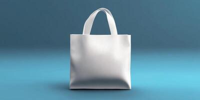 Elegant white tote bag displayed on a soft blue background for stylish accessory promotion photo
