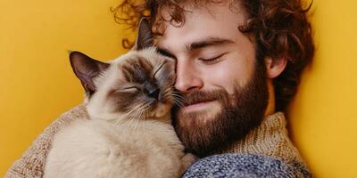 Man enjoys a cozy moment with a fluffy cat against a warm yellow background during a relaxed indoor setting photo