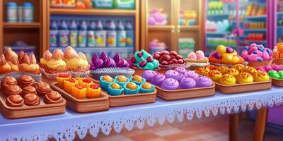 Colorful display of assorted pastries and desserts in a vibrant bakery showcasing a variety of treats and confections photo