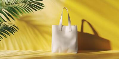 Stylish white tote bag placed against a vibrant yellow backdrop with green palm leaves, showcasing a minimalist aesthetic in bright lighting photo