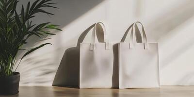 Stylish white tote bags on a wooden surface with a green plant in a pot, showcasing modern design and minimalist aesthetics photo