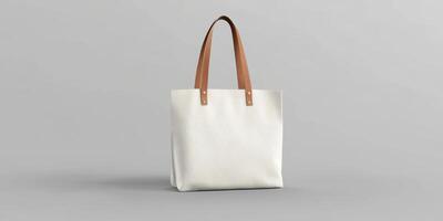 Stylish white tote bag with brown leather straps displayed against a minimalist background photo
