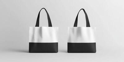 Stylish black and white tote bags displayed on a clean, minimalistic background showcasing modern design elements photo