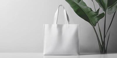 Stylish white tote bag displayed against a minimalistic background with green plant accents photo