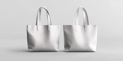 Two minimalist white tote bags displayed in a simple studio setting with soft lighting and a neutral background photo