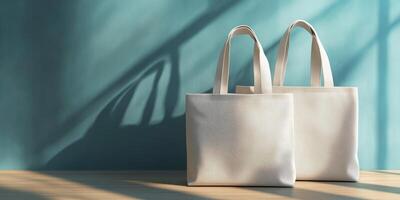 Neutral colored tote bags resting on a wooden table with soft shadows cast by sunlight on a blue wall photo