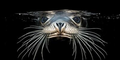 Curious seal emerging from the depths in dark ocean water at twilight photo