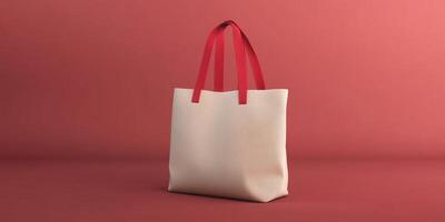 Stylish tote bag with red straps against a minimalist background in soft pastel tones photo