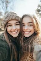 Smiling friends enjoy a sunny day outdoors in a park, capturing moments of joy and friendship together photo