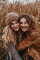 Friends sharing joyful moments in a golden grass field during a chilly autumn day photo
