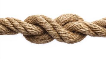 Thick woven rope tied in a knot on a white background showcasing craftsmanship and texture photo