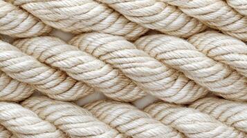 Natural fiber rope arranged in a textured pattern for crafts or industrial use in a well-lit workshop photo