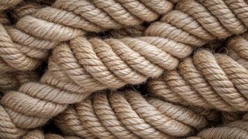 Close-up view of twisted natural rope fibers showing intricate texture and detail in a crafting setting photo
