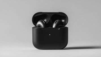 Wireless earbuds in a sleek case on a minimalistic background highlighting modern audio technology photo