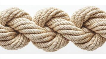 Knotted natural fiber rope displayed on a white background showcasing intricate twists and texture photo