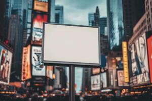 Brightly lit urban landscape in Times Square with an empty advertising billboard at dusk photo