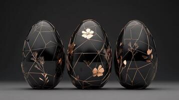 Decorative black eggs with floral designs and geometric patterns displayed together photo