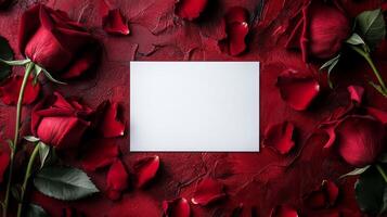 Elegant display of red roses surrounding a blank card on a textured background ideal for romantic occasions photo