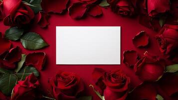 Elegant arrangement of red roses surrounding a blank card on a vibrant backdrop for special occasions photo