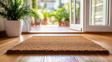 Welcome mat placed at the entrance of a bright indoor space with greenery outside during daylight photo
