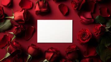 Romantic setting with red roses and a blank card for heartfelt messages in elegant arrangement photo