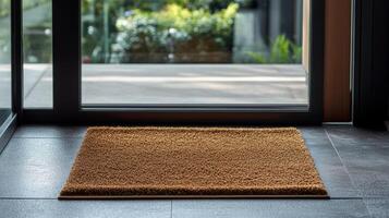 Welcome mat placed in front of a glass door leading to a beautifully maintained garden in bright daylight photo