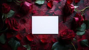 Elegant roses and a blank card on a dark red background create a romantic atmosphere for heartfelt messages photo