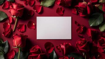 Romantic arrangement of red roses and a blank card on a vibrant background for heartfelt messages photo