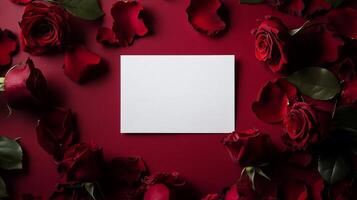 Elegant arrangement of red roses surrounding a blank card on a rich red surface photo