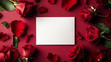 Roses and blank card arrangement for special occasions on a red background photo