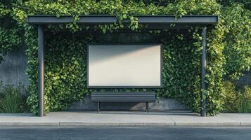 Greenery enveloped bus stop with blank advertisement panel in urban setting during daylight photo