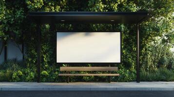 Empty bus stop with blank advertising board surrounded by lush greenery during daytime photo
