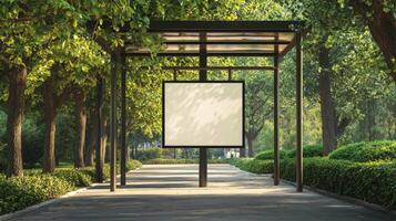 Empty advertising display in a serene park setting surrounded by greenery during daytime photo